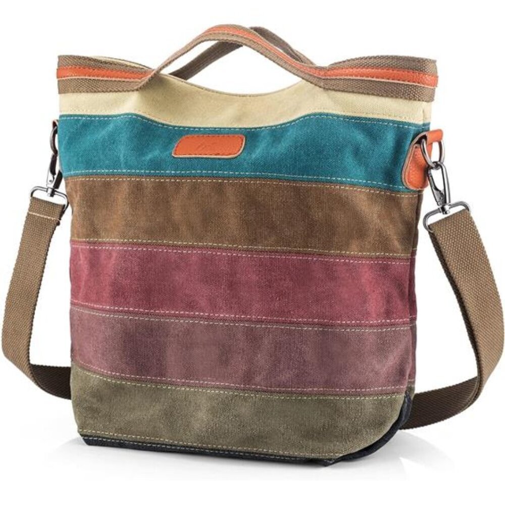Canvas Handbag Multi-Color Striped Lattice Cross Body Shoulder Purse Bag